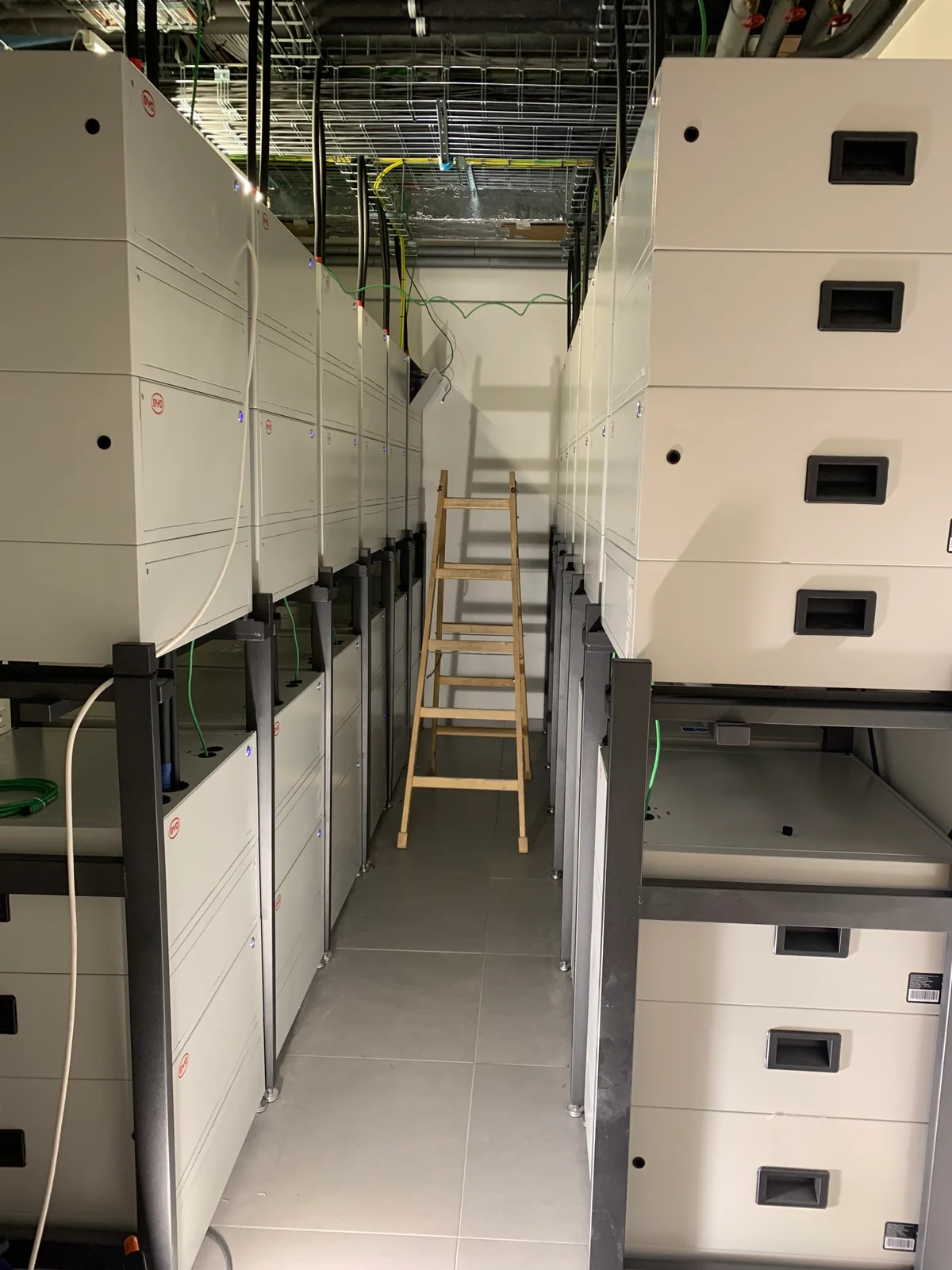 Battery cabinets during installation in Brno, Czechia; not the final handover condition